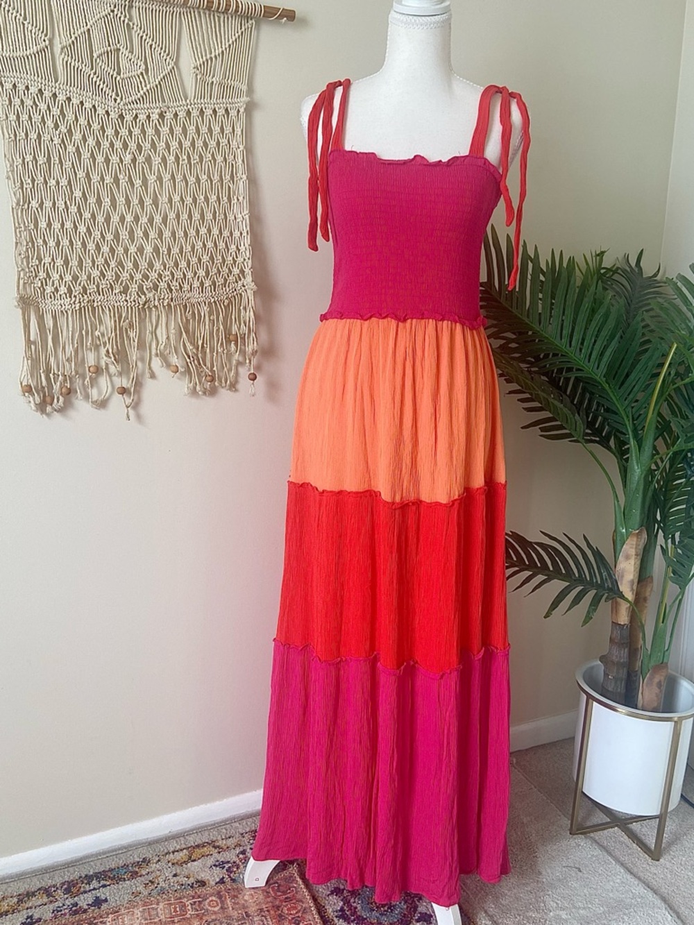 BeBop Vibrant Layered Tiered Maxi Dress - Red Orange Pink - Medium